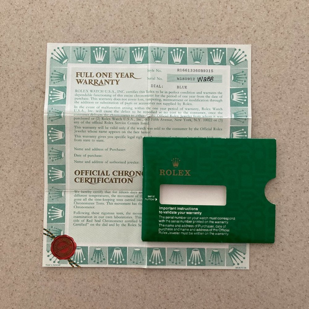 Rolex Warranty Paperwork 1997 Oyster Perpetual w/Sleeve Document Holder